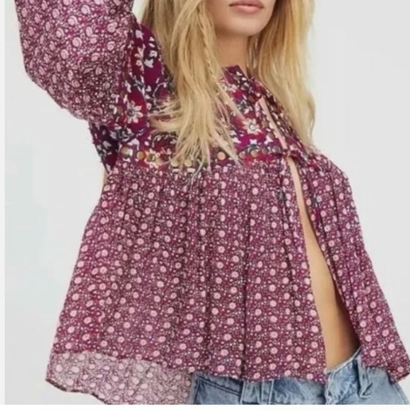 Free People Jackets & Blazers - Free People Malia Embellished Printed Baby Doll Jacket Top Dark Red Medium